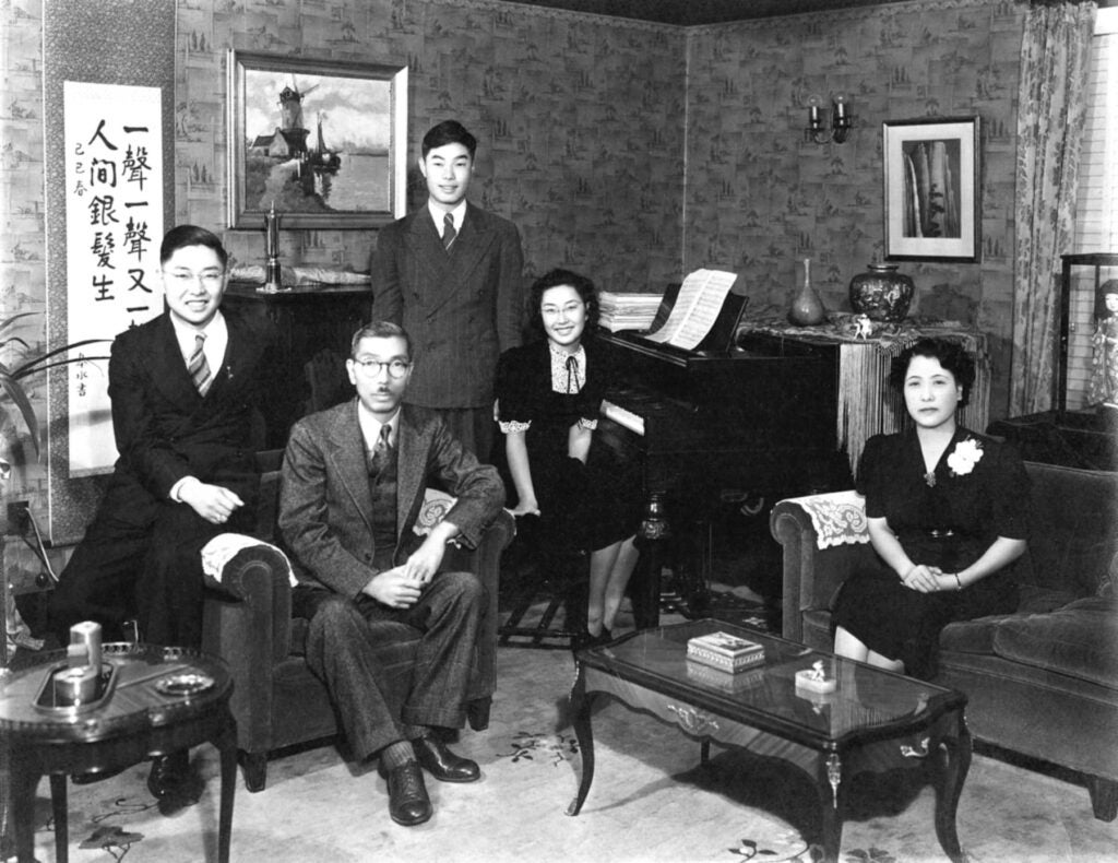The Nakahara family in their San Pedro home, 1938. (From left) Arthur, Seiichi, Peter (standing), Yuri, and Tsuya.