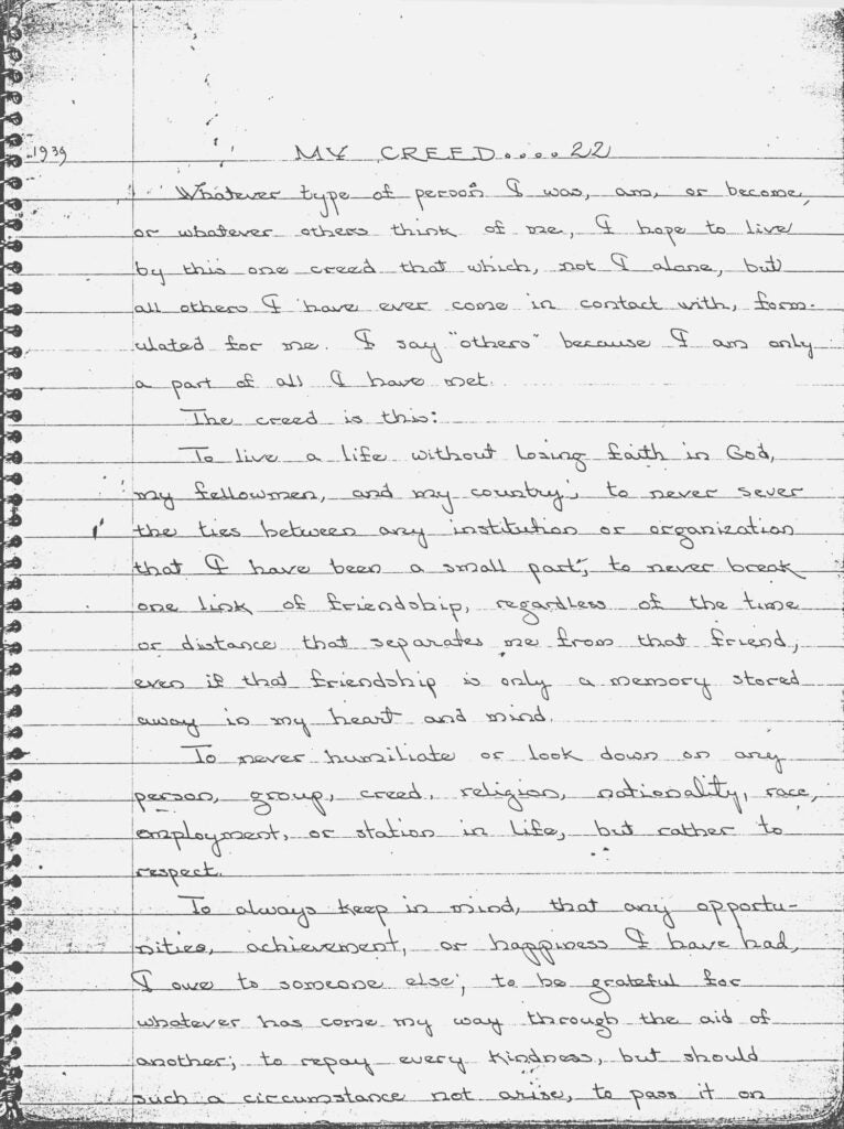 Yuri's original handwritten "My Creed...22"