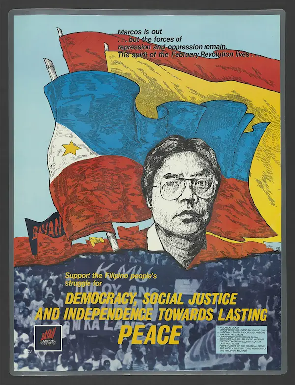 Poster title - Support the Filipino peoples struggle for Democracy Social Justice and Independence Towards Lasting PEACE